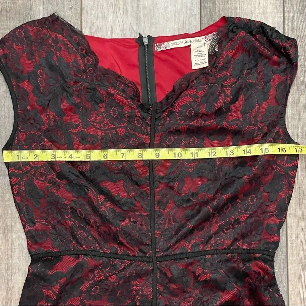 Chelsea & Violet Short Sleeve High Low Dress Black Lace Over Red Size Small